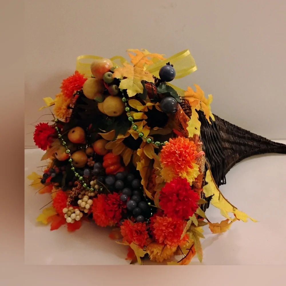 Autumn Harvest Cornucopia with Vibrant Accents Berries Leaves Beads Ribbons